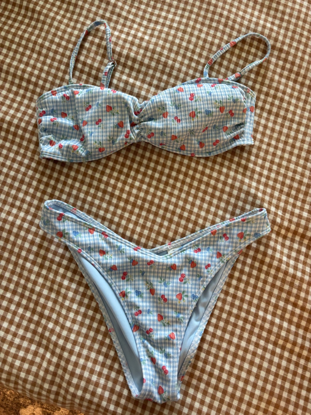 Hollister Light Blue Gingham Bikini Top with Red Strawberry Accents